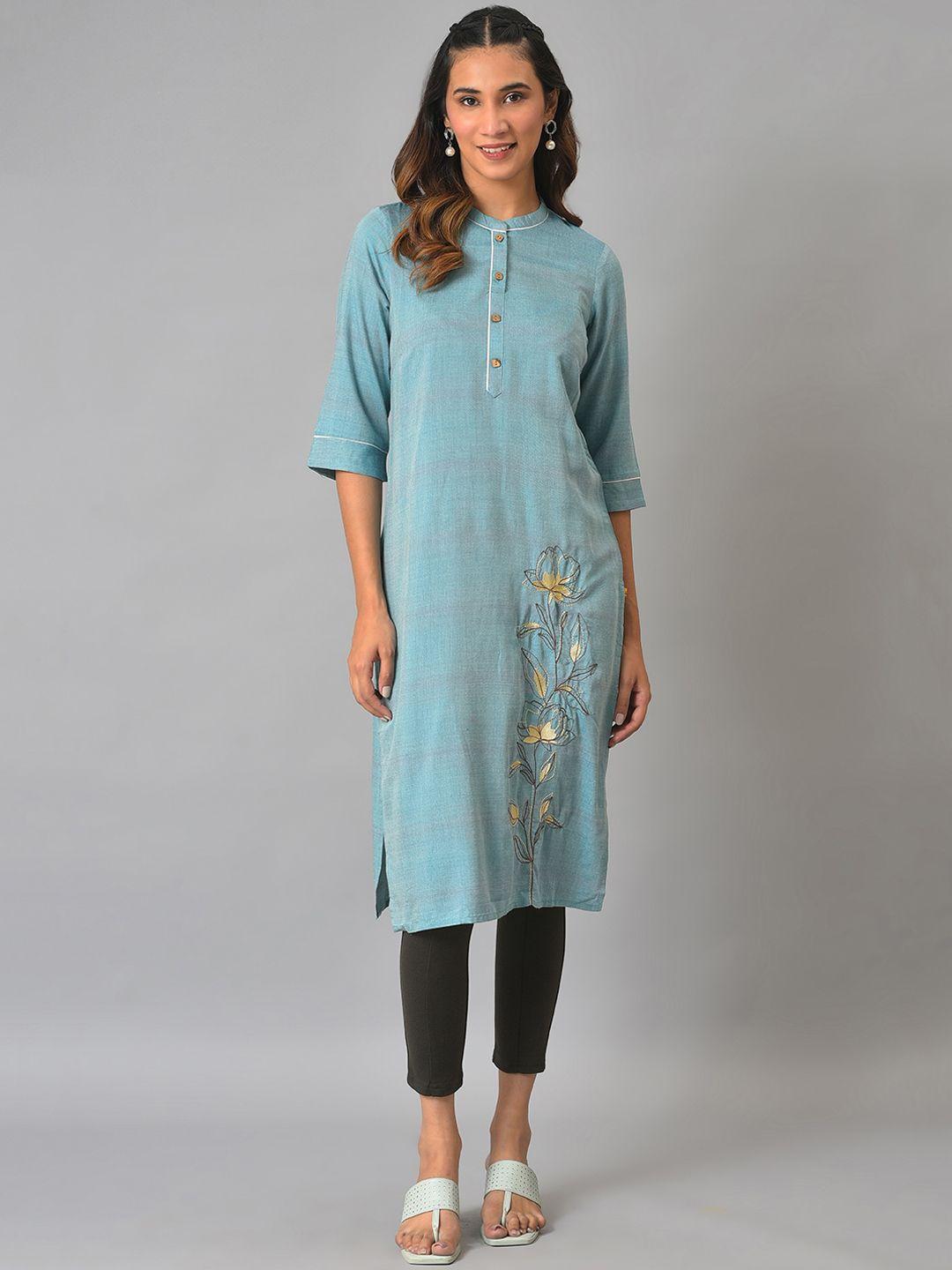 aurelia women blue & yellow floral embroidered kurta