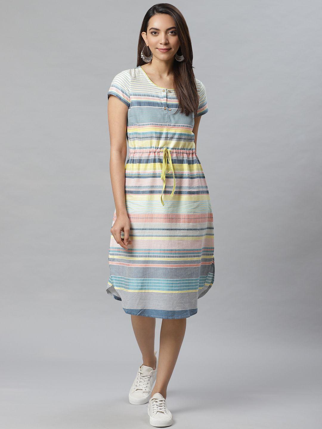 aurelia women blue & yellow yarn-dyed striped a-line dress