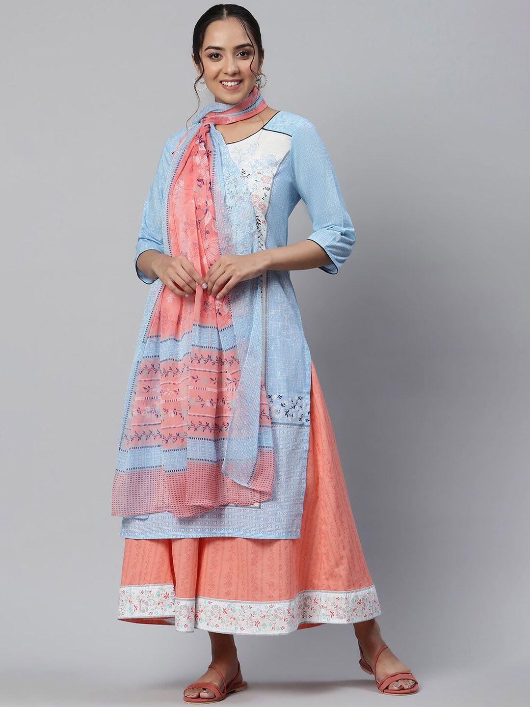 aurelia women blue and peach printed cotton kurta set