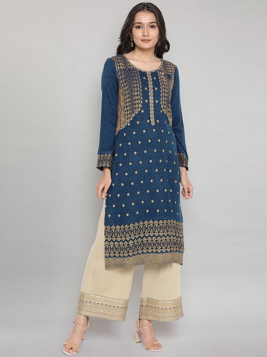 aurelia women blue ethnic motifs printed acrylic straight kurta