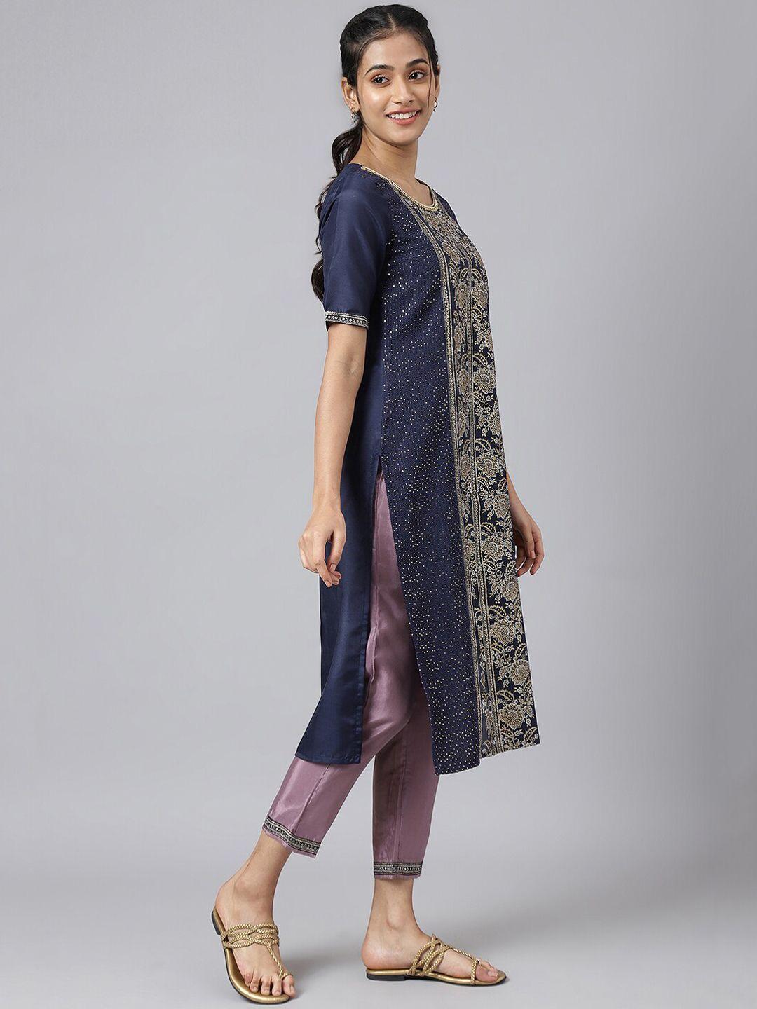aurelia women blue ethnic motifs printed kurta with trousers