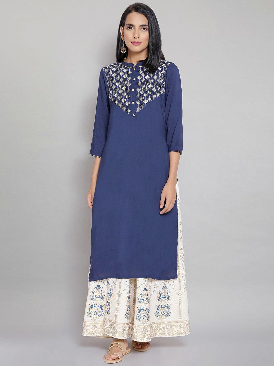 aurelia women blue ethnic motifs yoke design thread work kurta