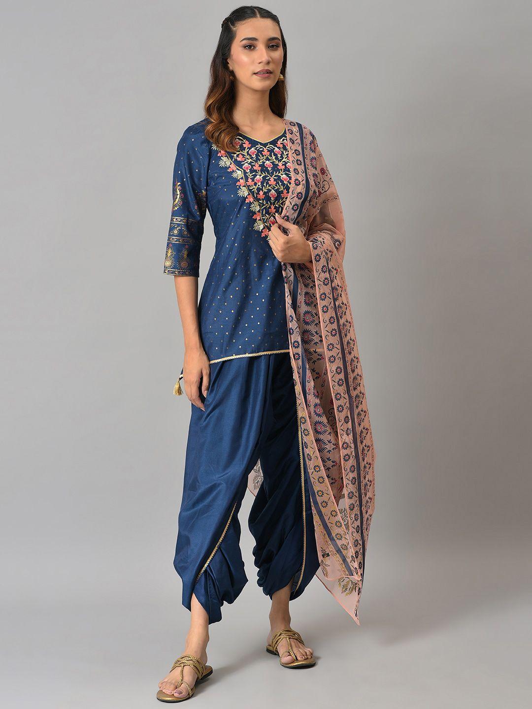 aurelia women blue floral embroidered thread work kurti with dhoti pants & with dupatta