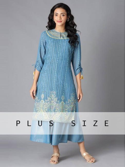 aurelia women blue floral print georgette kurta with shrug