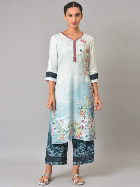 aurelia women blue floral print rayon kurta set with trousers & dupatta