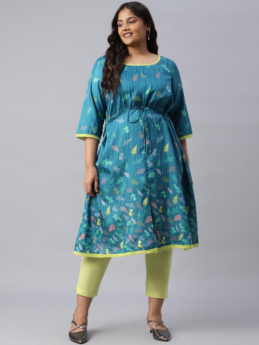 aurelia women blue floral printed flared sleeves anarkali kurta