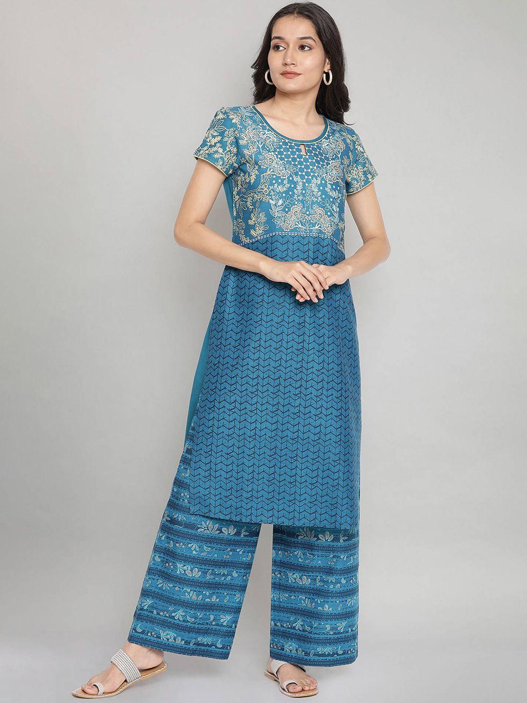 aurelia women blue floral printed pure cotton kurta