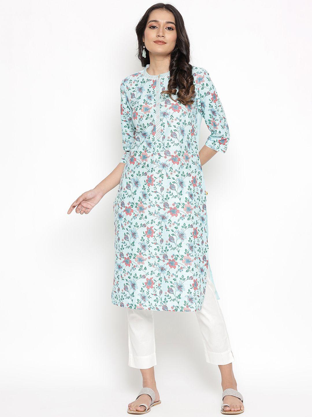 aurelia women blue floral printed thread work kurta