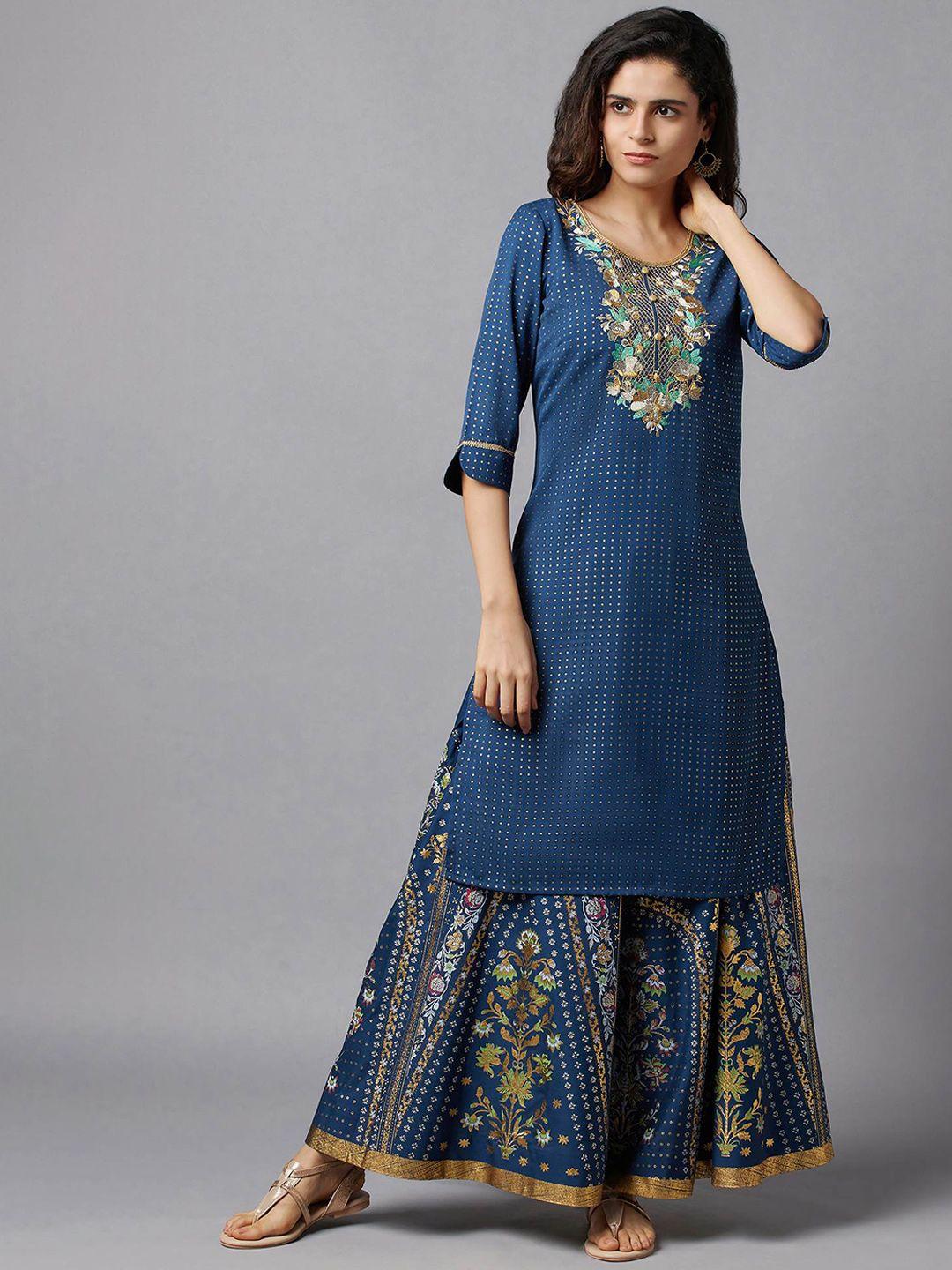 aurelia women blue geometric embellished kurta