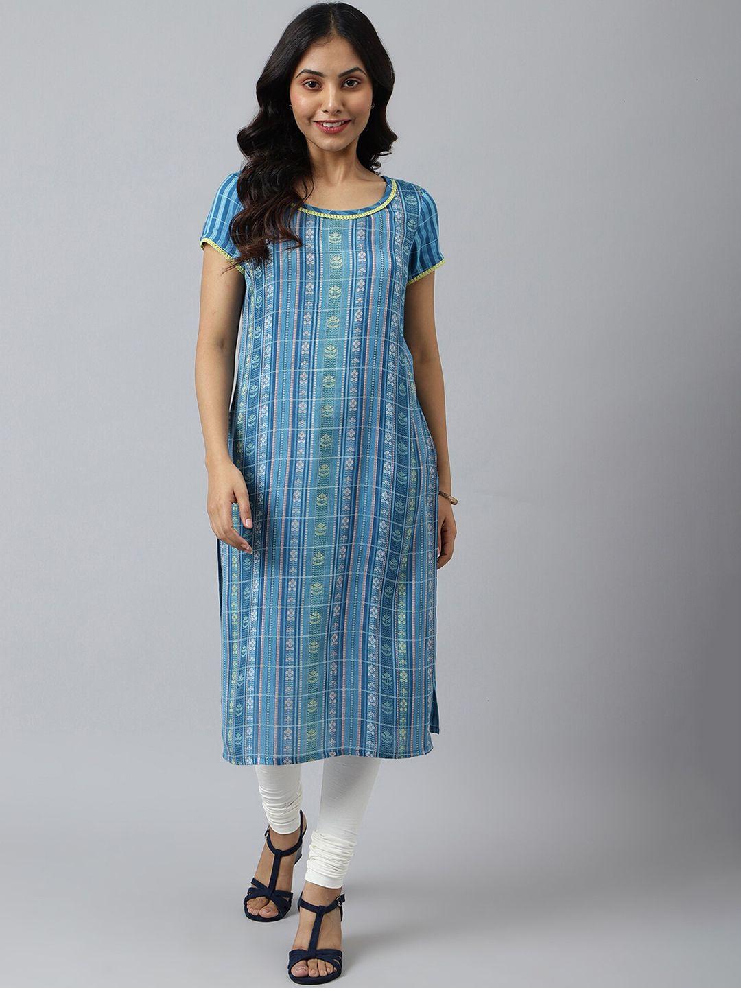 aurelia women blue geometric printed thread work kurta