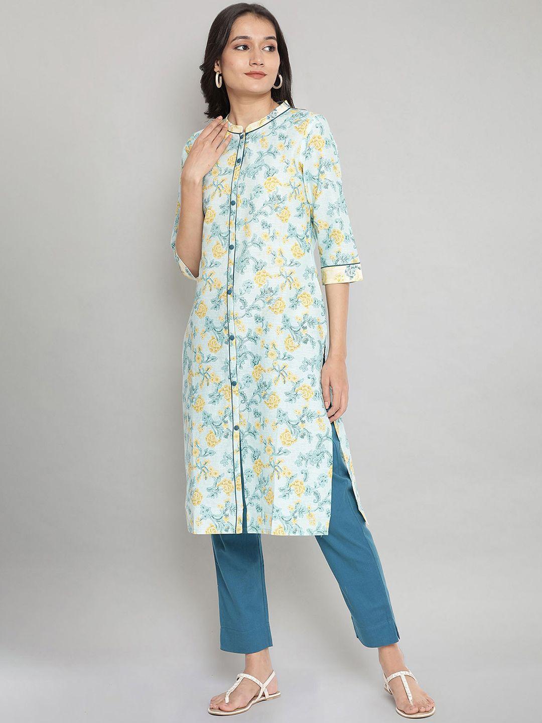 aurelia women blue printed keyhole neck kurta