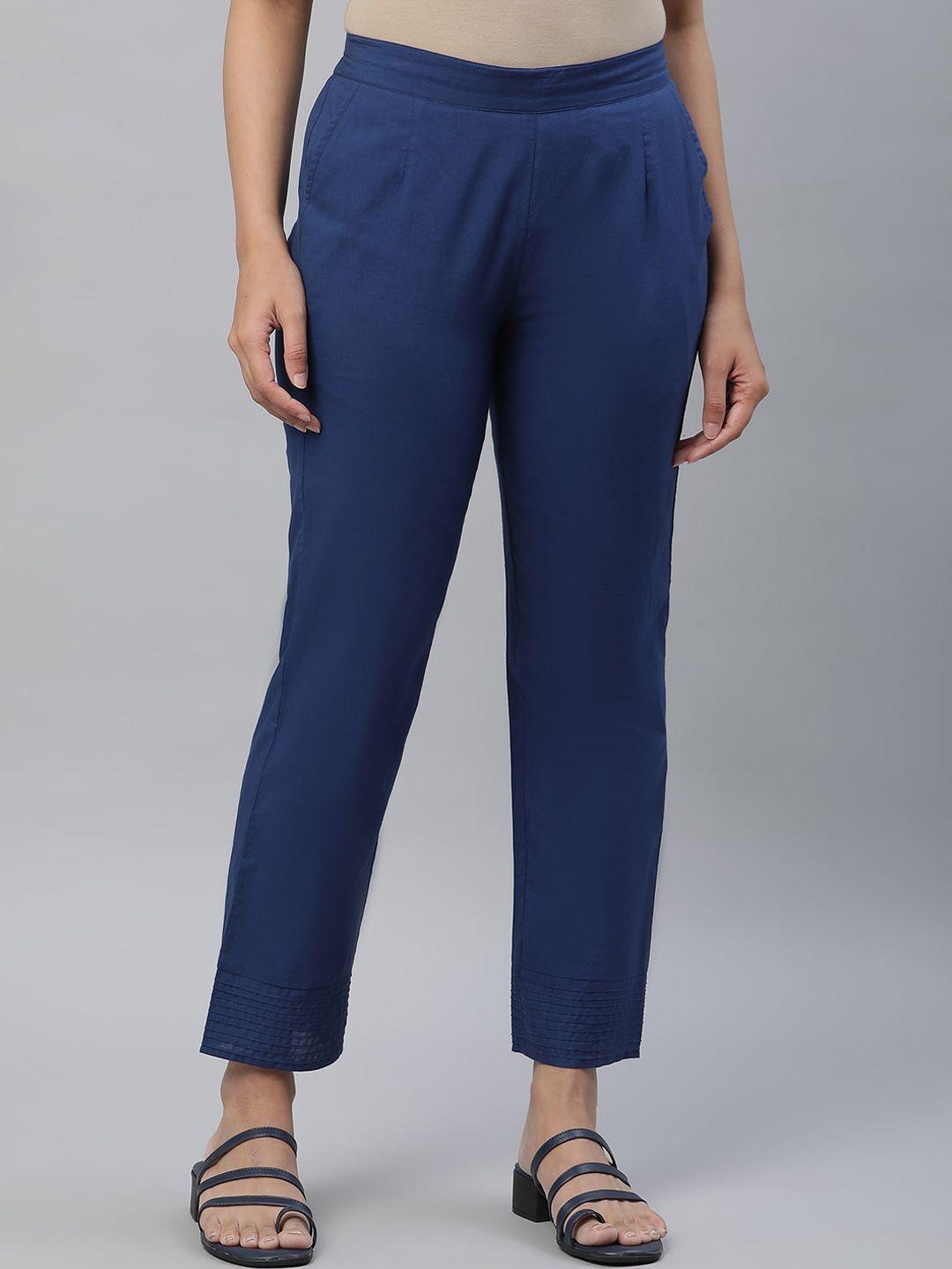 aurelia women blue slim fit pleated trousers