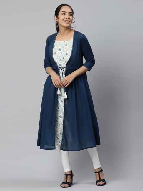 aurelia women blue solid cotton kurta with shrug