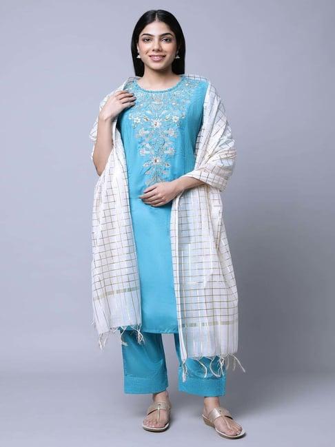 aurelia women blue solid silk kurta set with palazzo & dupatta