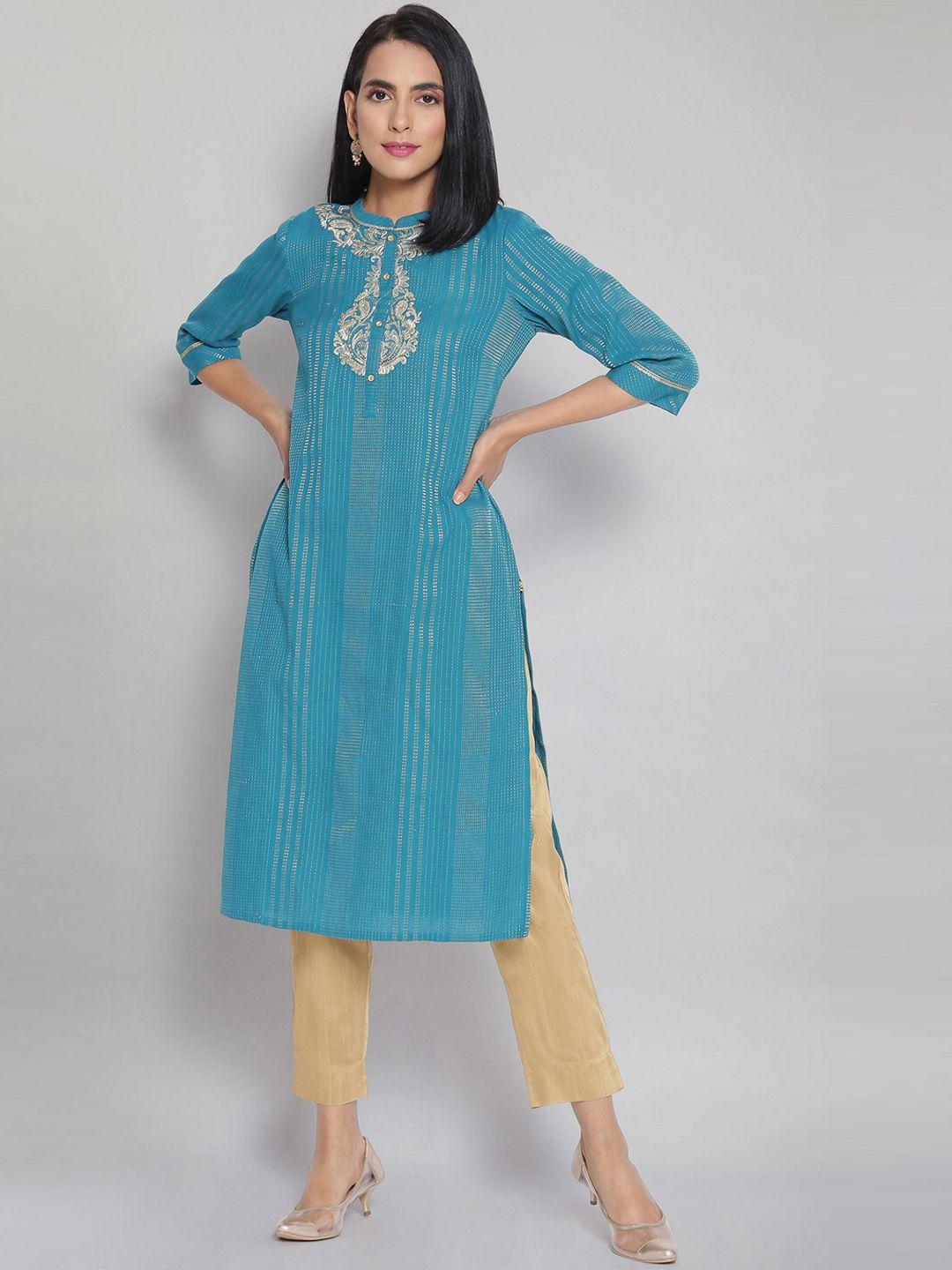 aurelia women blue striped embellished & embroidered kurta