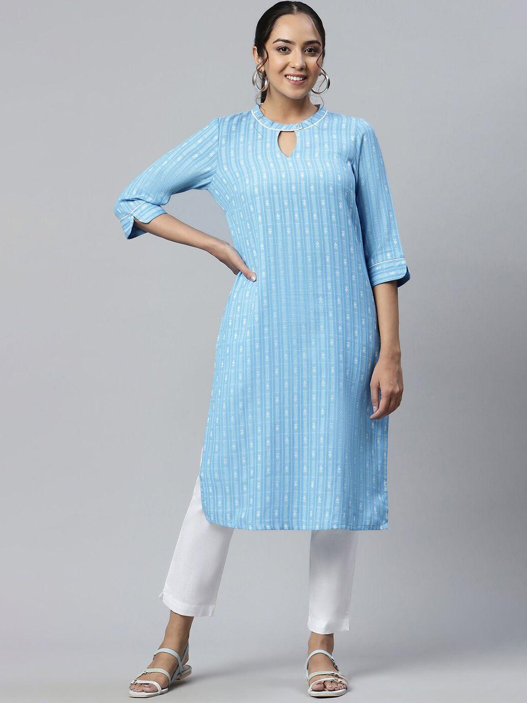 aurelia women blue striped keyhole neck floral handloom kurta