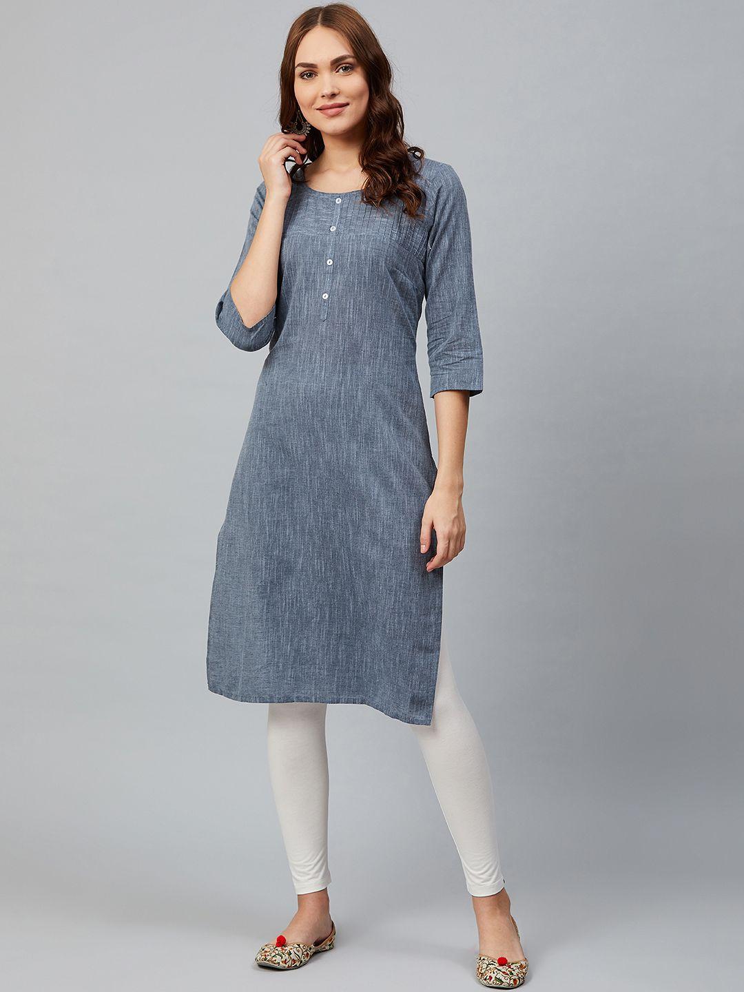 aurelia women blue yarn dyed solid straight kurta