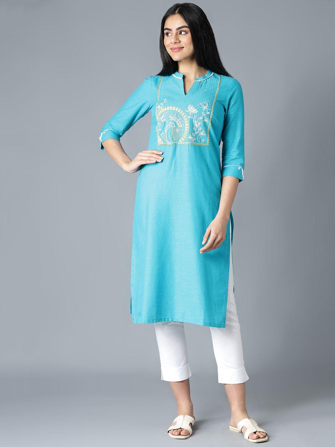 aurelia women blue yoke design thread work kurta