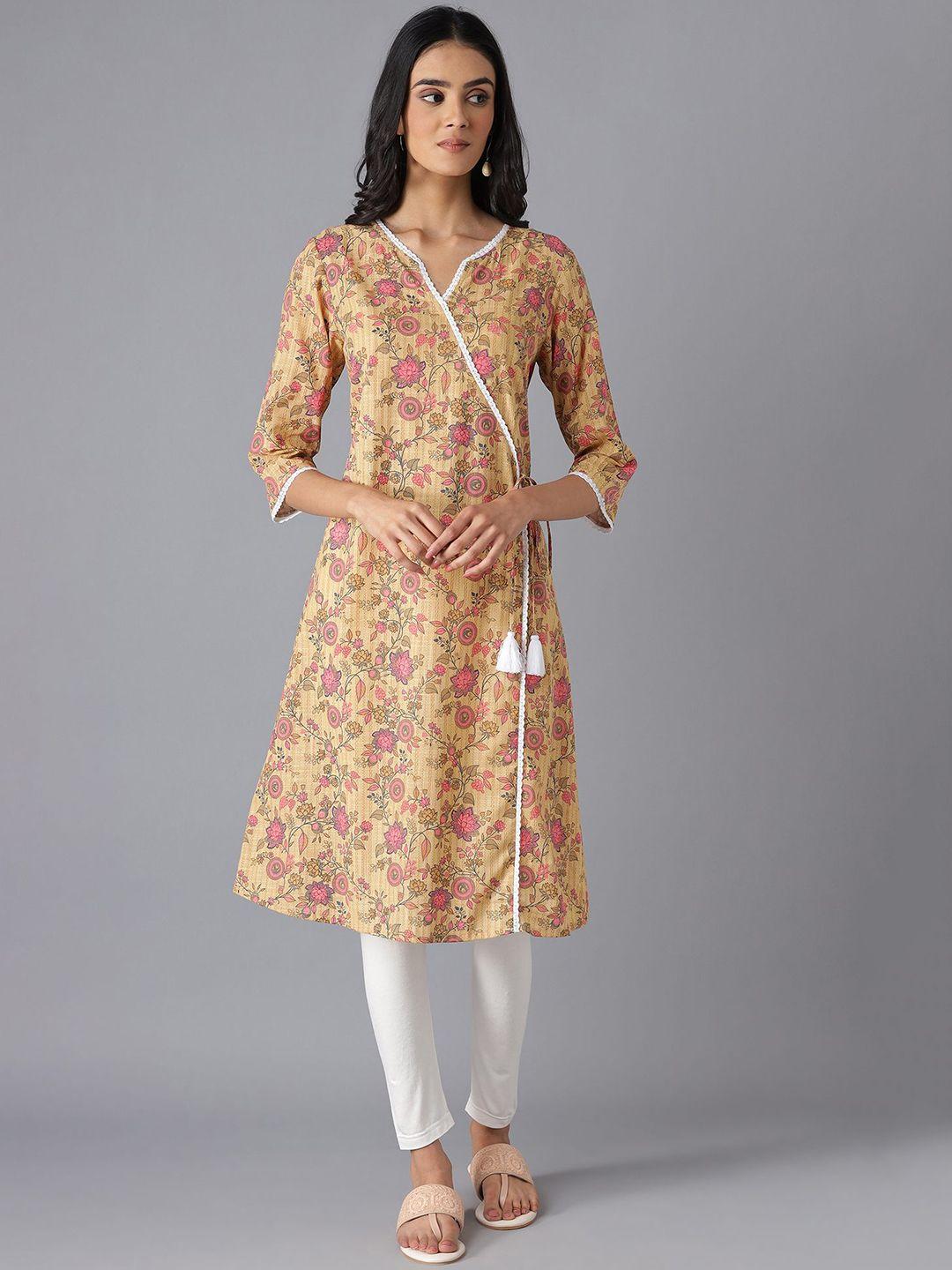 aurelia women brown & pink floral printed pure cotton kurta