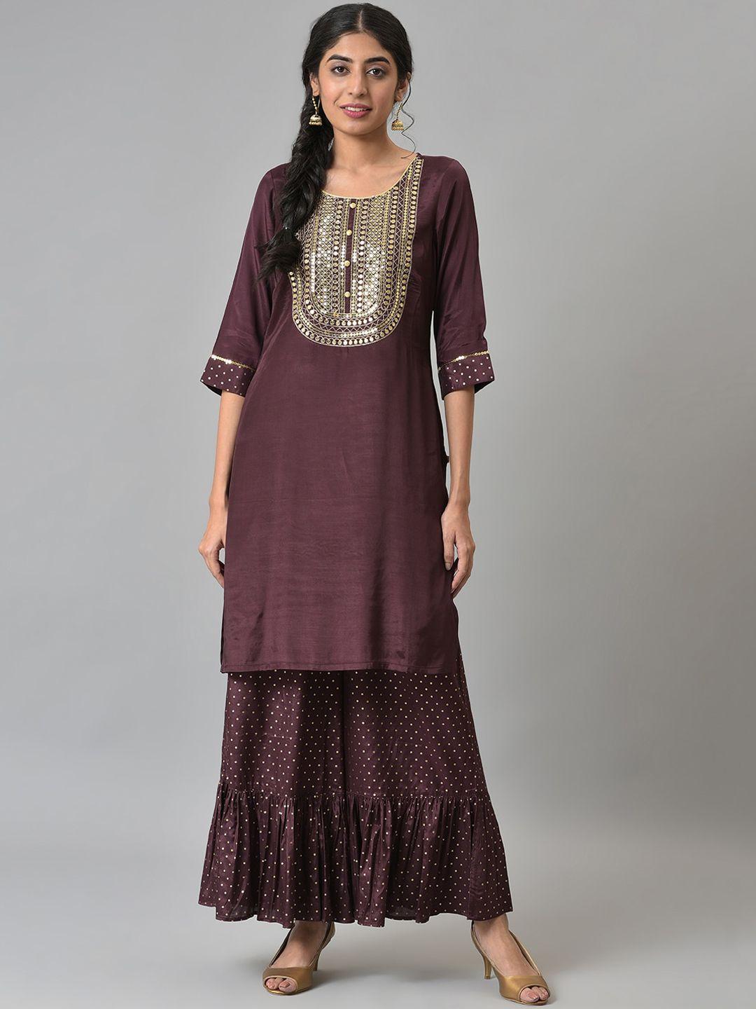 aurelia women brown shantung liva kurta with gathered sharara