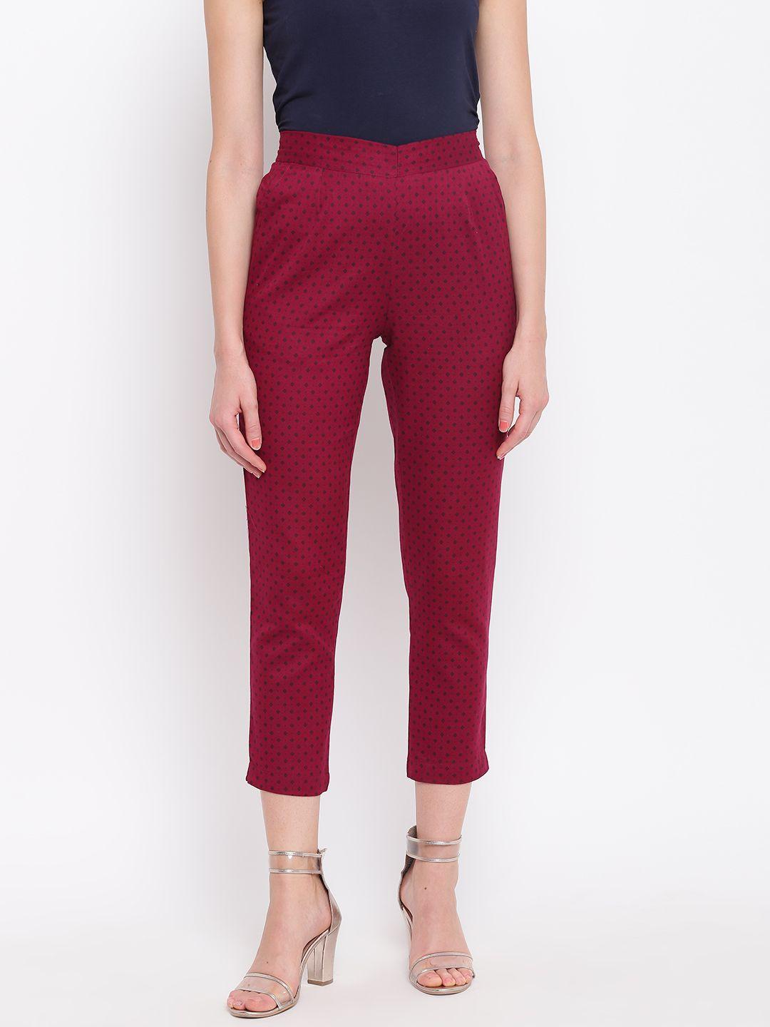 aurelia women burgundy & navy printed cropped regular trousers