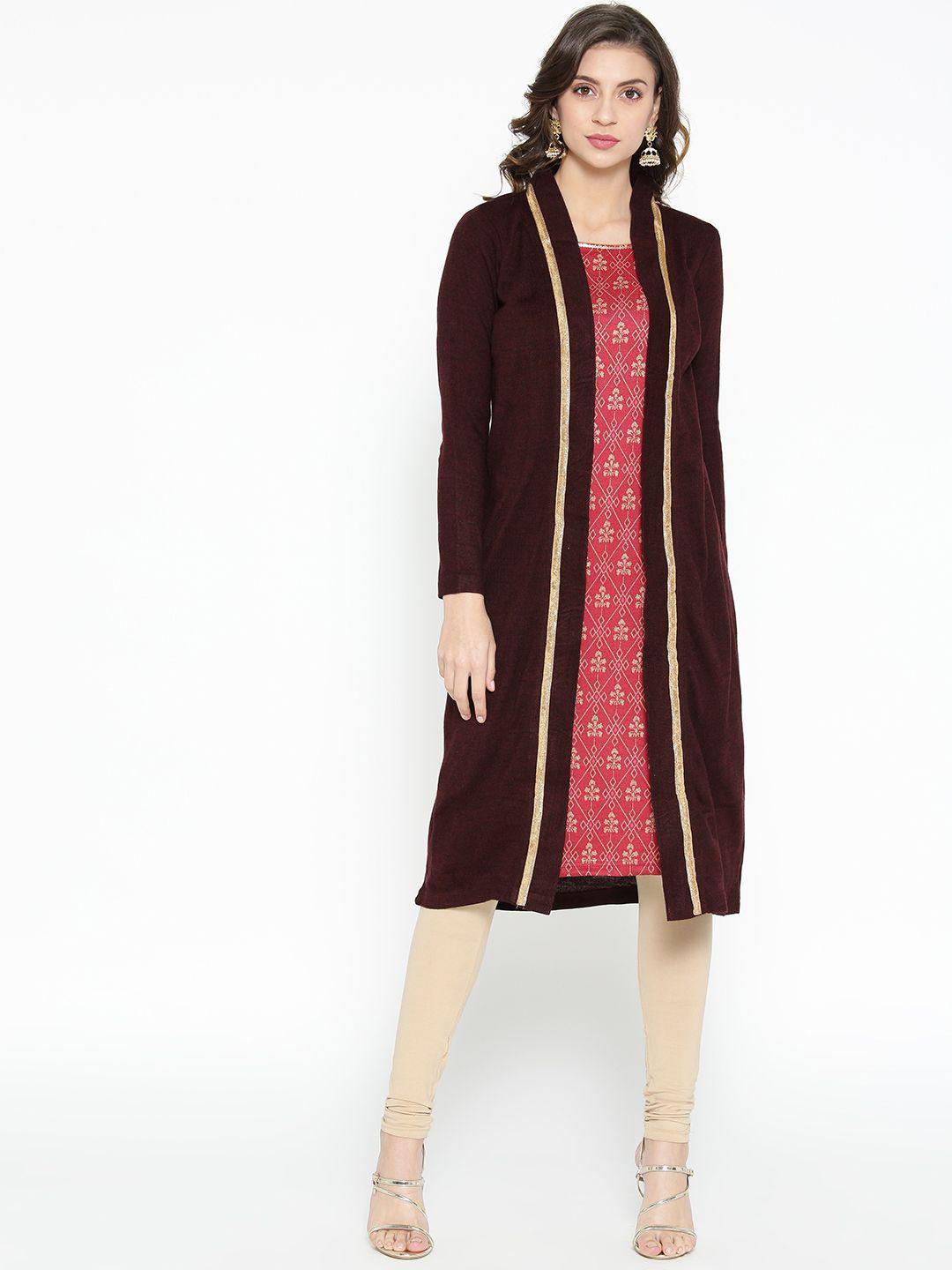 aurelia women burgundy & red printed layered a-line winter kurta