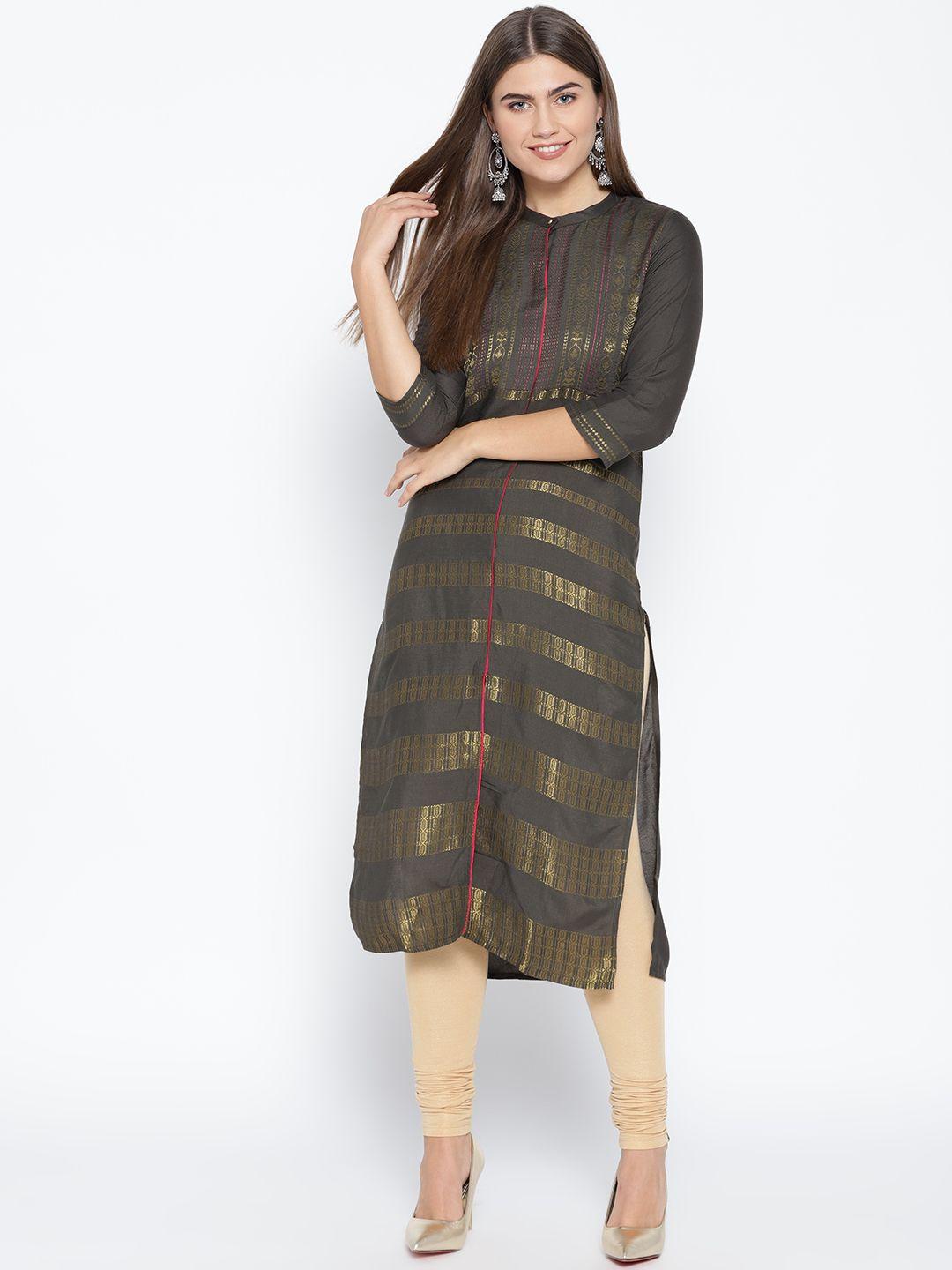 aurelia women charcoal grey & golden woven design zari detail straight kurta