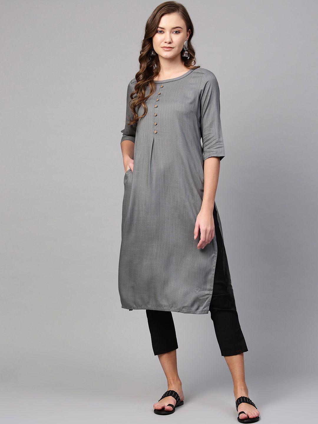 aurelia women charcoal grey self-striped straight kurta