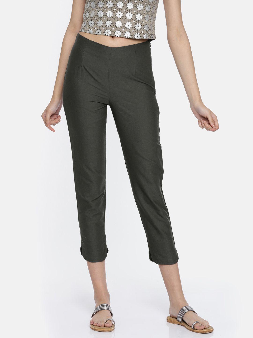 aurelia women charcoal grey solid cropped casual trousers
