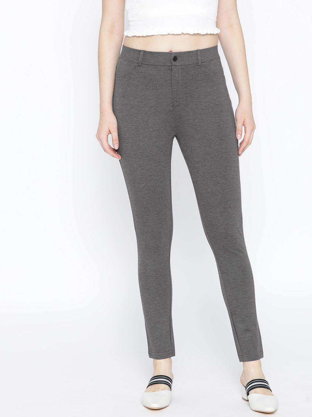 aurelia women charcoal grey solid regular trousers