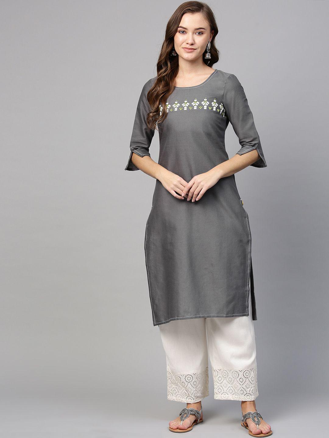 aurelia women charcoal grey solid straight kurta