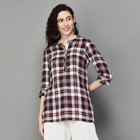 aurelia women checked band collar kurti