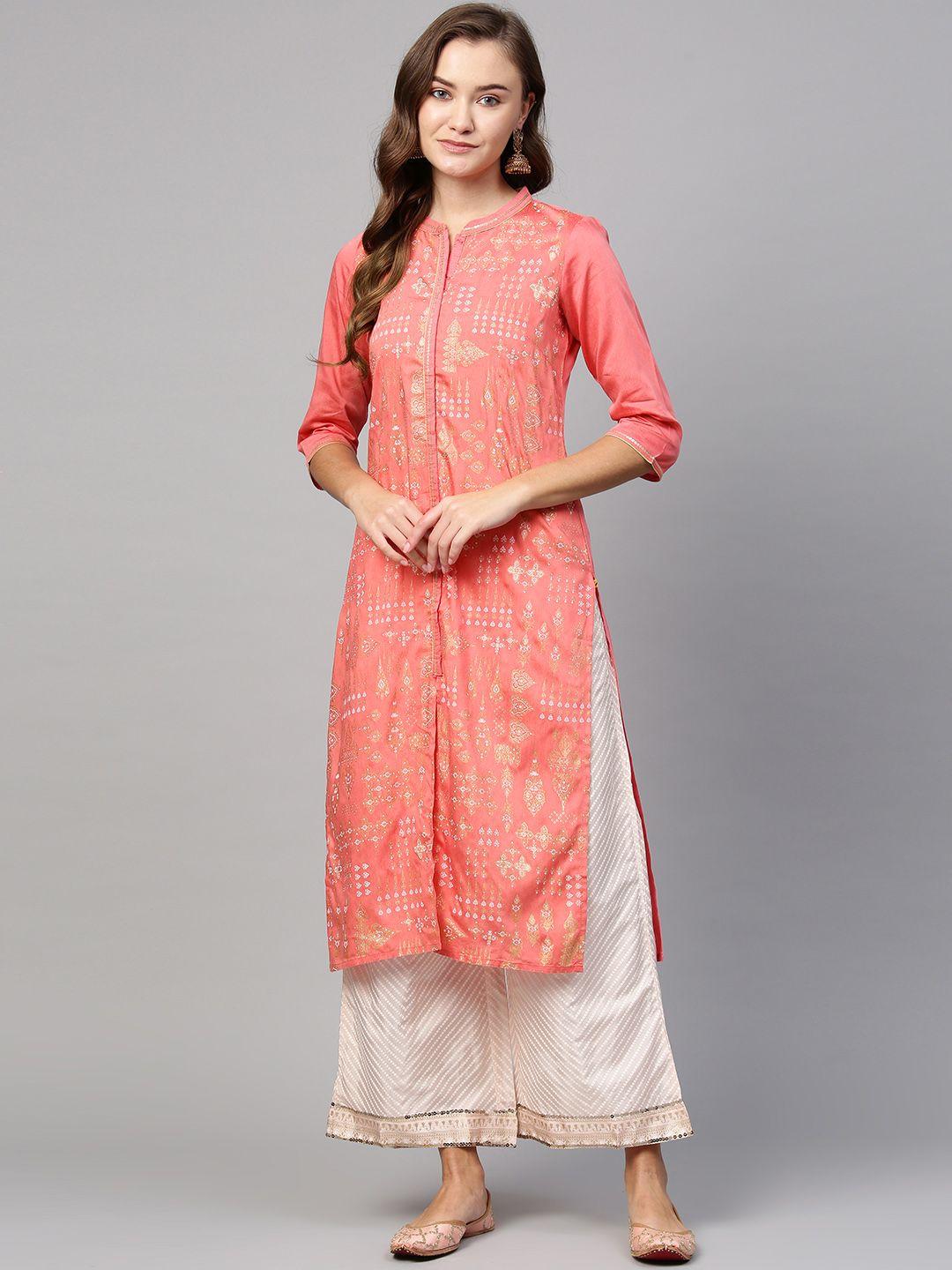 aurelia women coral pink & golden printed straight kurta