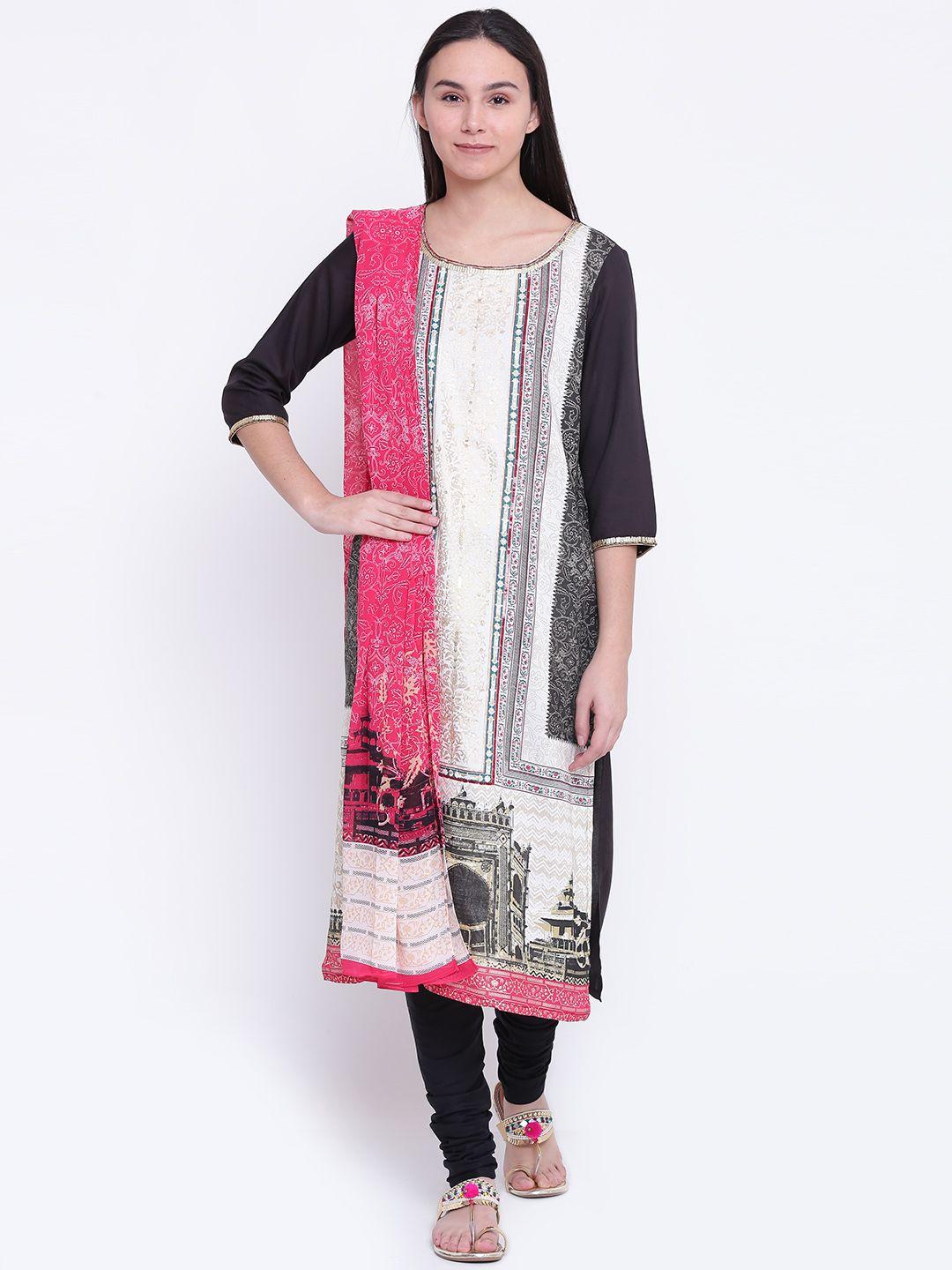 aurelia women cream-coloured & black printed kurta with churidar & dupatta