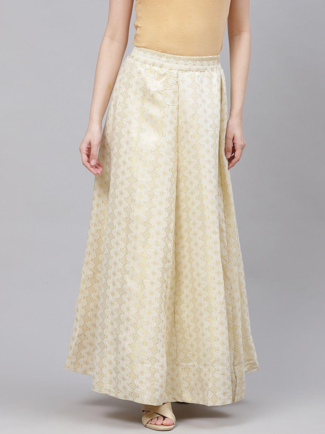 aurelia women cream-coloured & golden ethnic print maxi skirt