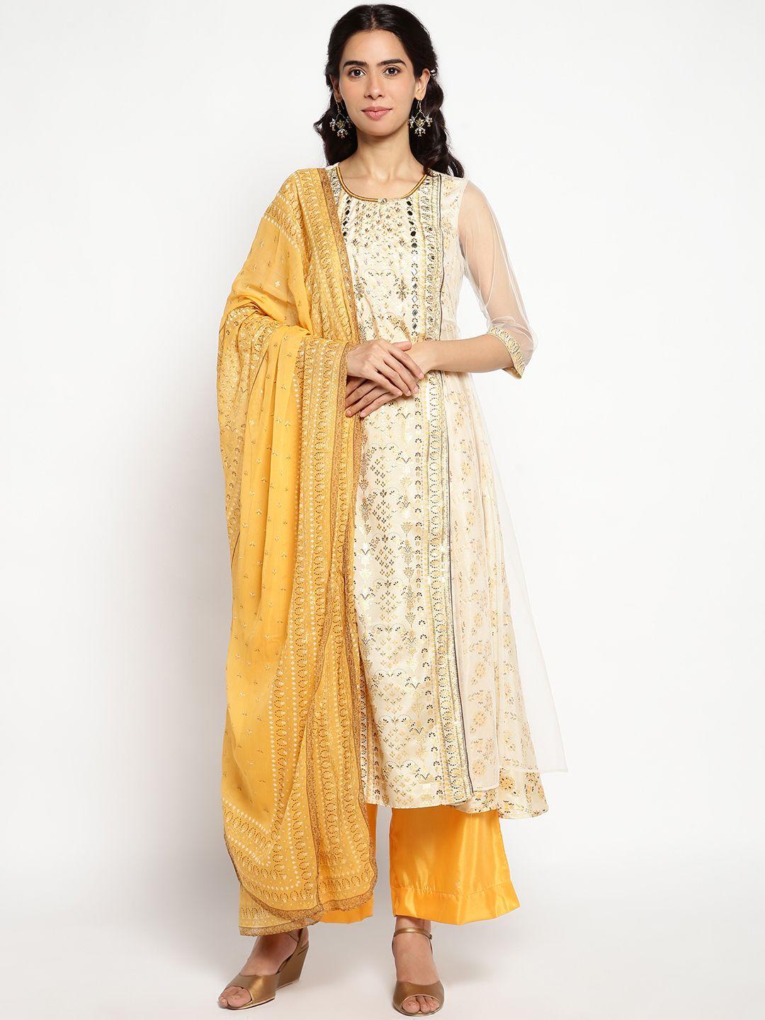 aurelia women cream-coloured ethnic motifs printed layered kurta with palazzos & with dupatta