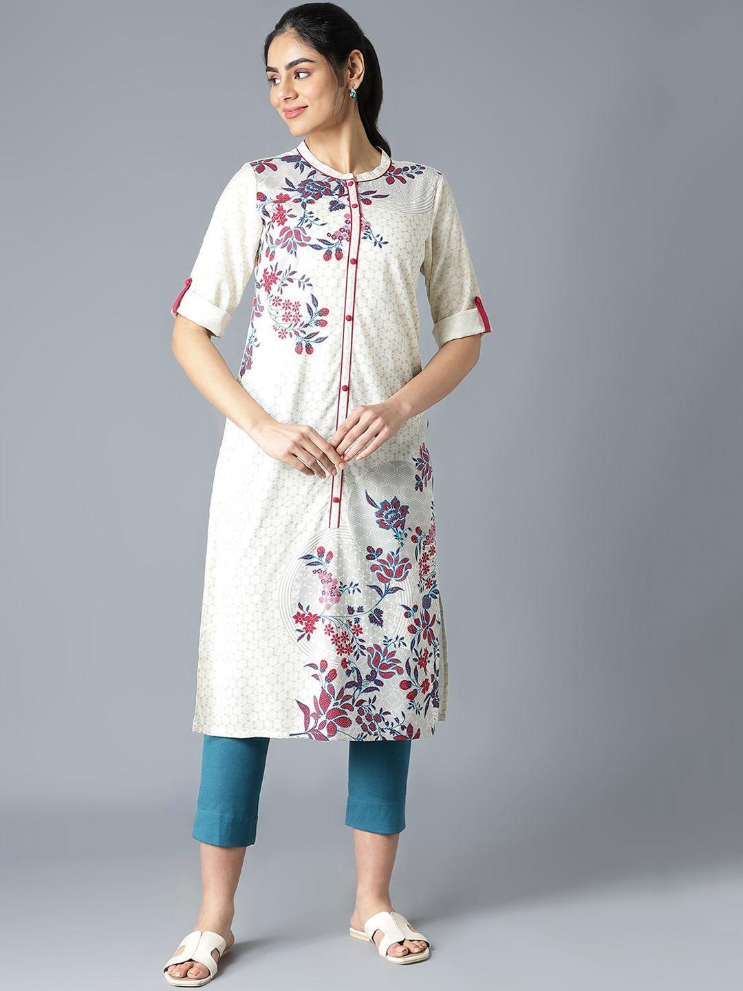 aurelia women cream-coloured floral kurta