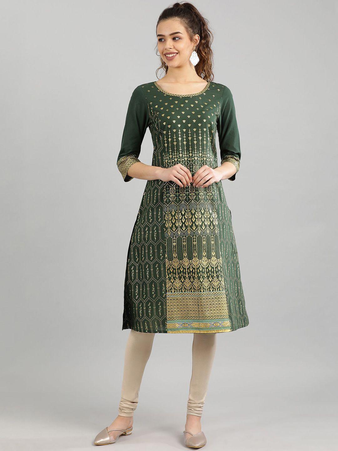 aurelia women green & gold-coloured floral printed cotton a-line kurta