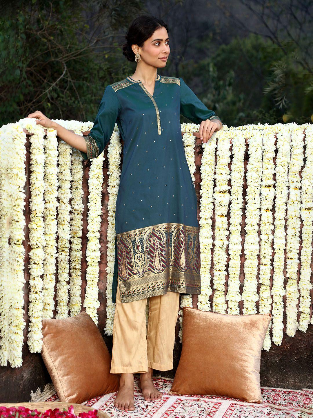 aurelia women green & gold-toned ethnic motifs kurta