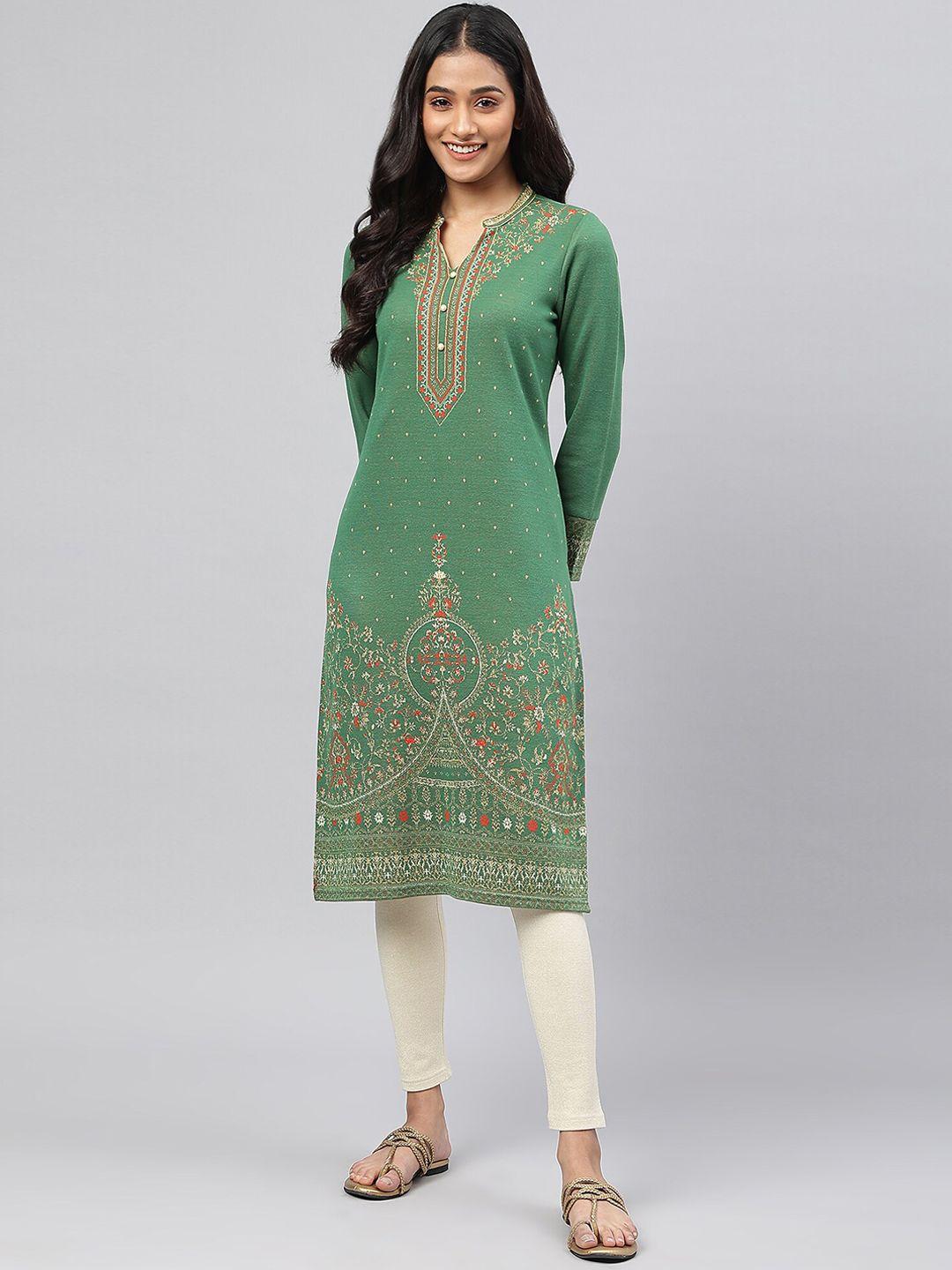 aurelia women green & red floral printed kurta