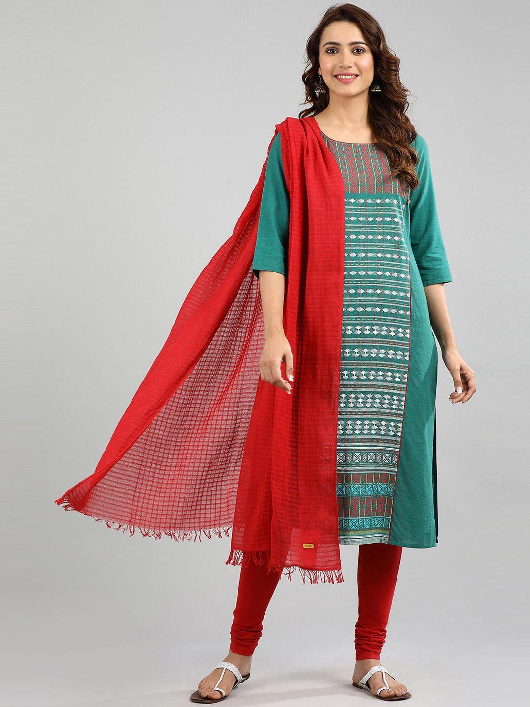 aurelia women green & red geometric thread work pure cotton kurta