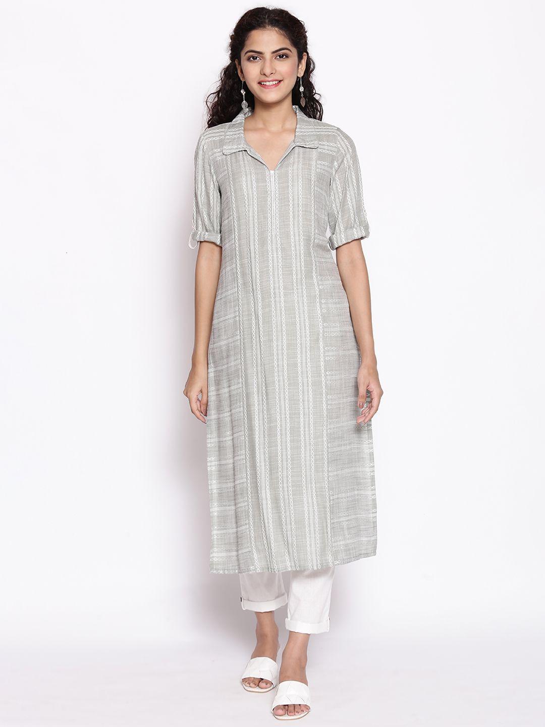 aurelia women green & white striped kurta