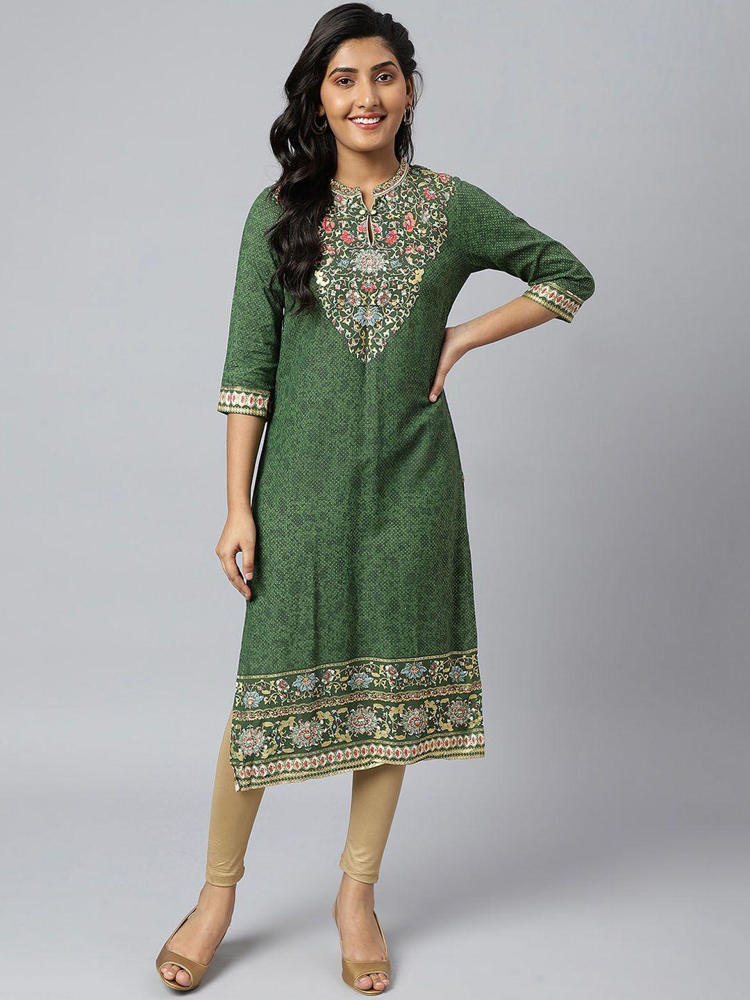 aurelia women green & yellow ethnic motifs yoke design kurta