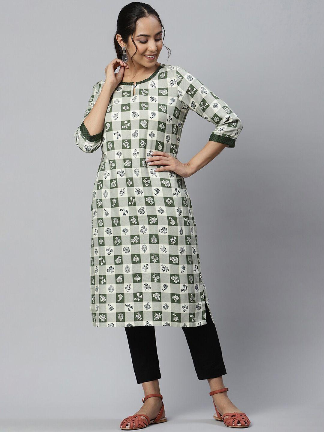 aurelia women green checked floral handloom kurta