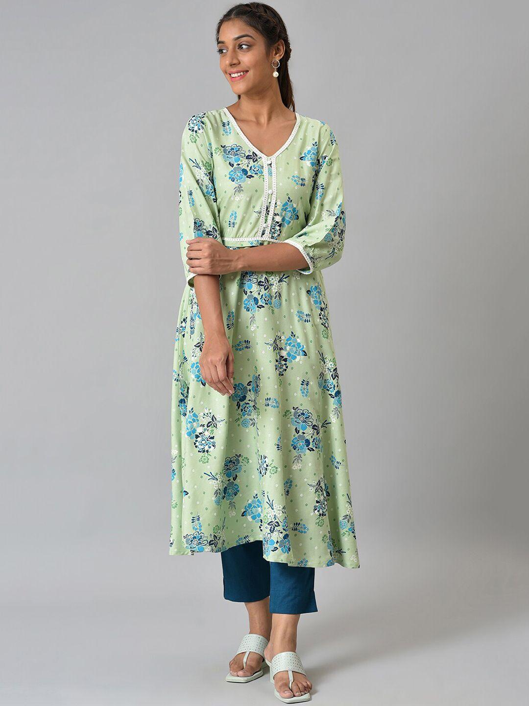 aurelia women green circular floral printed liva kurta