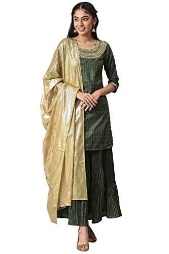 aurelia women green embroidered kurta with flared skirt and golden dupatta_22auas13389-505415_s