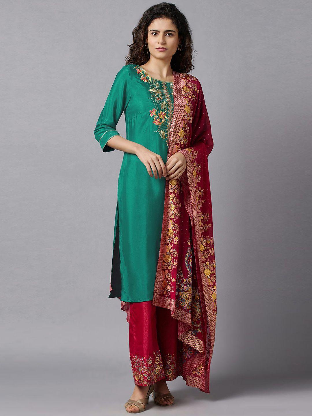 aurelia women green ethnic motifs embroidered kurta with palazzos & with dupatta