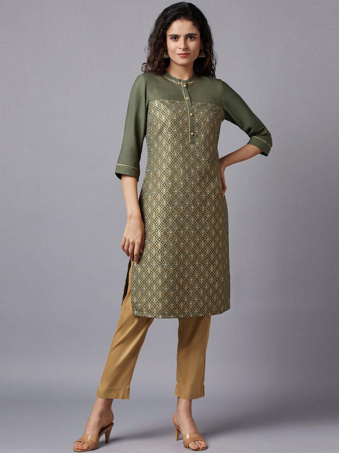 aurelia women green ethnic motifs printed kurta