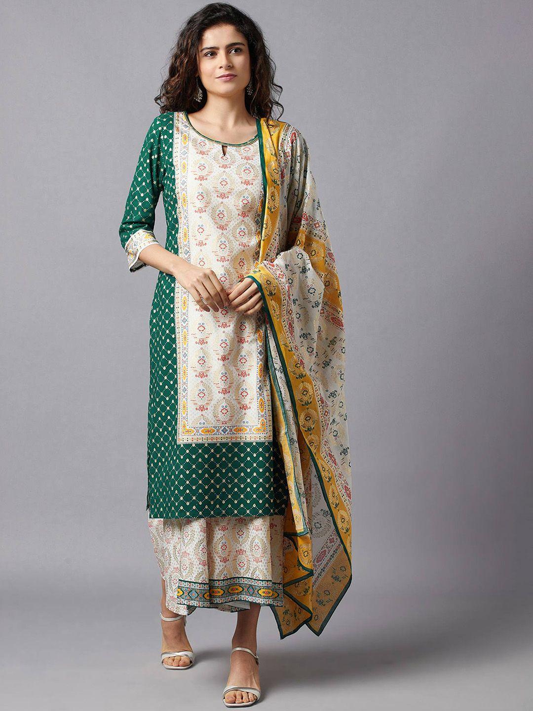 aurelia women green ethnic motifs printed kurti with skirt & with dupatta