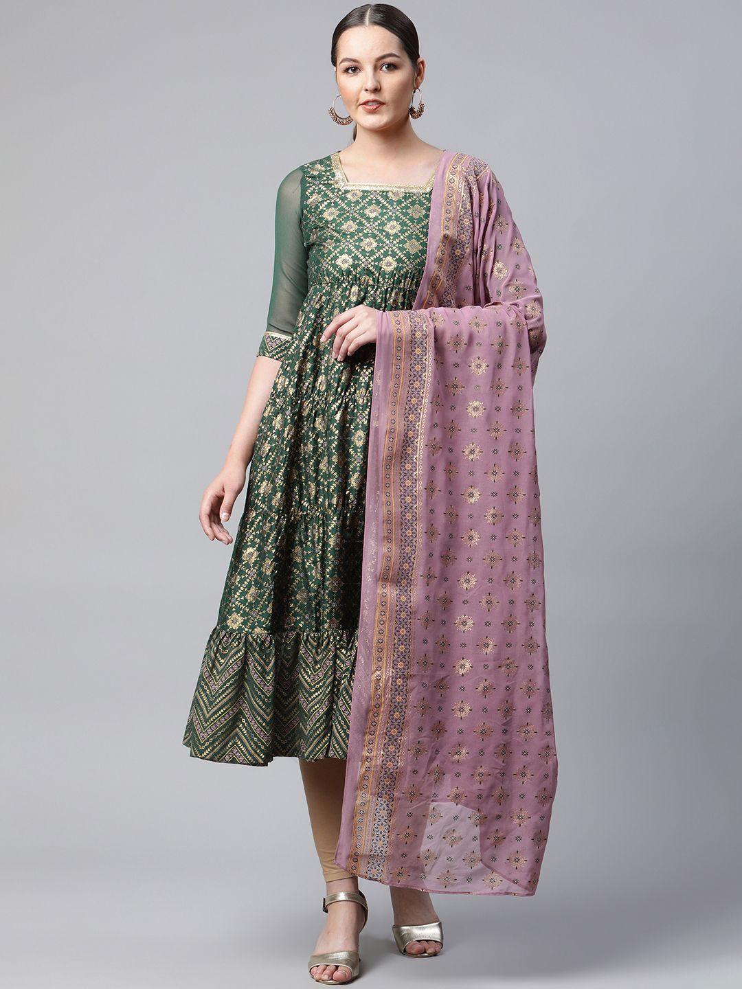 aurelia women green ethnic motifs printed tiered sequinned kurta with churidar & with dupatta